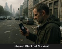 Dark city during internet blackout with disconnected people and failed digital services