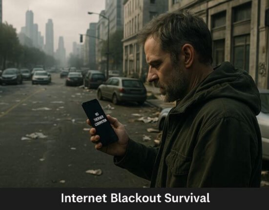 Dark city during internet blackout with disconnected people and failed digital services