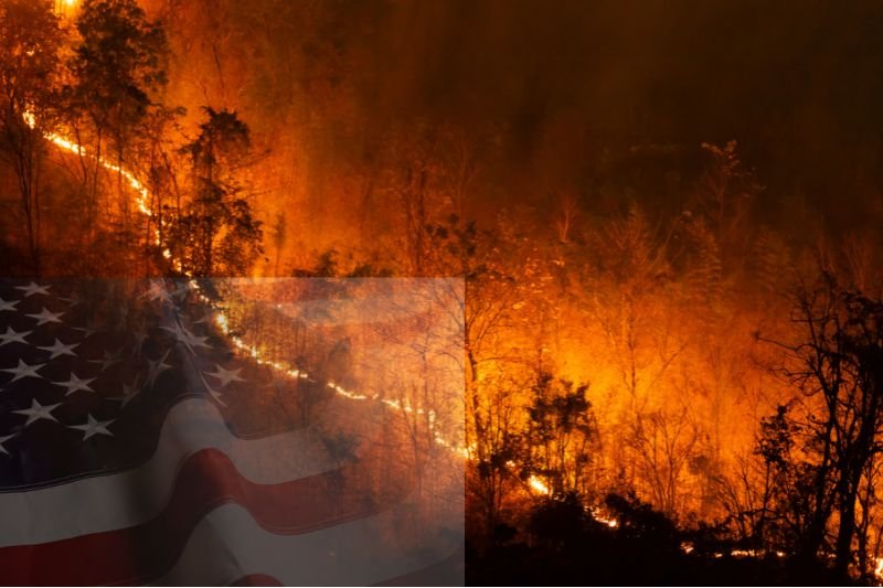 Massive wildfire consuming a forest in the American West with U.S. flag overlay, symbolizing national wildfire crisis