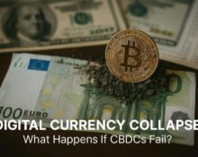 Concept image of a failed CBDC system with digital dollar symbol and dark economic atmosphere
