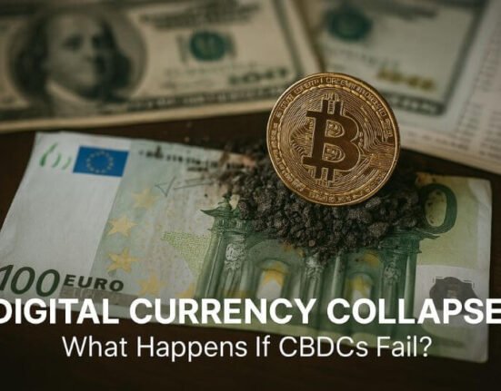 Concept image of a failed CBDC system with digital dollar symbol and dark economic atmosphere