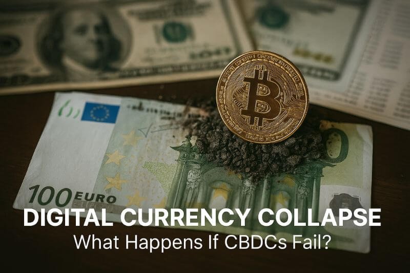 Concept image of a failed CBDC system with digital dollar symbol and dark economic atmosphere