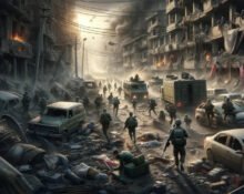 Civilians evacuating through damaged roads amid armed conflict