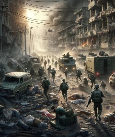 Civilians evacuating through damaged roads amid armed conflict