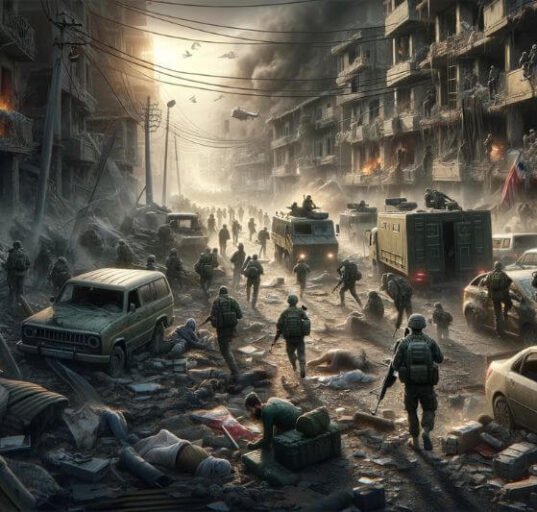 Civilians evacuating through damaged roads amid armed conflict