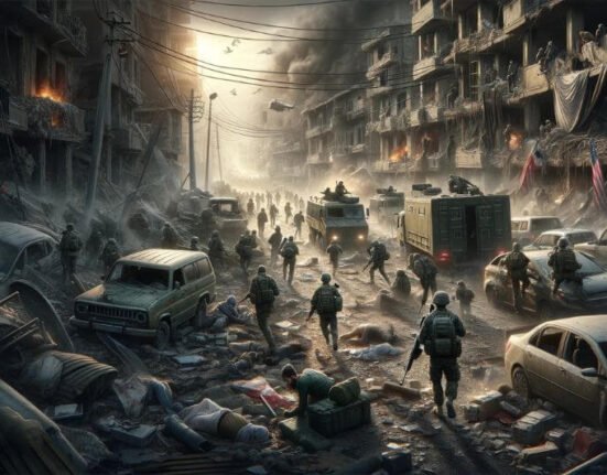 Civilians evacuating through damaged roads amid armed conflict