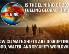 El Niño 2025 climate disaster with flooded farmland and dried riverbeds showing global disruption