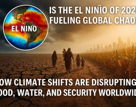 El Niño 2025 climate disaster with flooded farmland and dried riverbeds showing global disruption