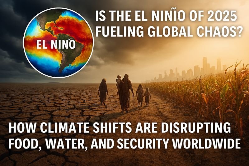 El Niño 2025 climate disaster with flooded farmland and dried riverbeds showing global disruption