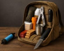 survival essentials packed in a bug out backpack with knife, water filter, food and tools
