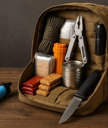 survival essentials packed in a bug out backpack with knife, water filter, food and tools