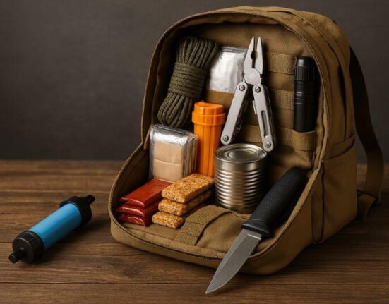 survival essentials packed in a bug out backpack with knife, water filter, food and tools