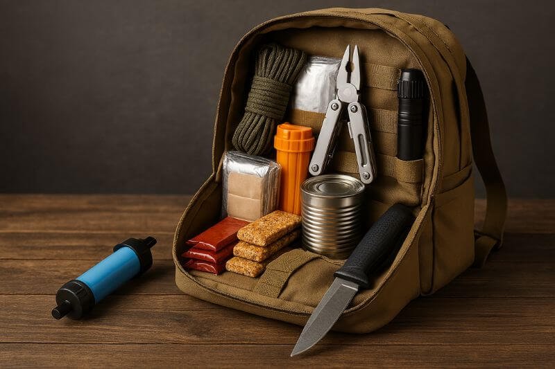 survival essentials packed in a bug out backpack with knife, water filter, food and tools