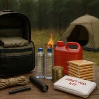 full emergency kit essentials laid out in forest campsite
