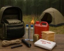 full emergency kit essentials laid out in forest campsite