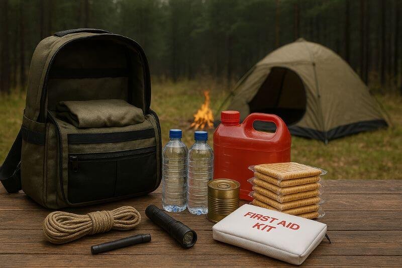 full emergency kit essentials laid out in forest campsite