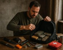 man preparing backpack with survival gear psychology approach