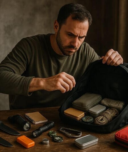 man preparing backpack with survival gear psychology approach