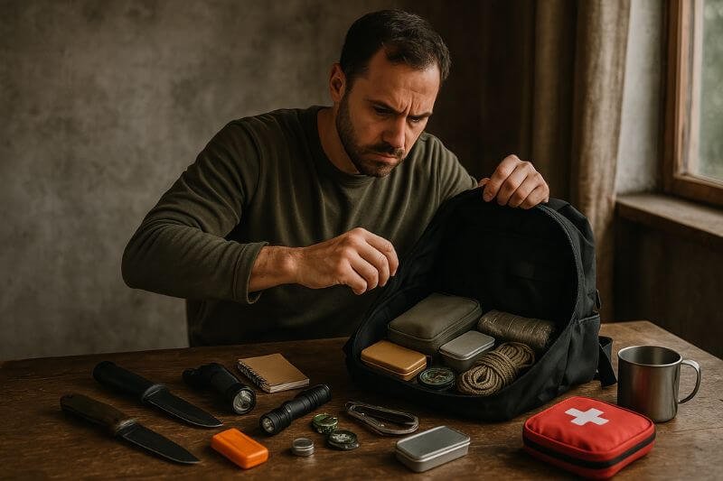 man preparing backpack with survival gear psychology approach