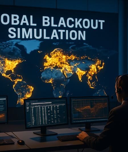 Global blackout simulation showing dark control room and inactive power grid monitors