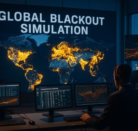 Global blackout simulation showing dark control room and inactive power grid monitors
