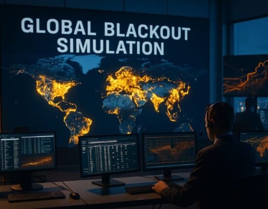 Global blackout simulation showing dark control room and inactive power grid monitors