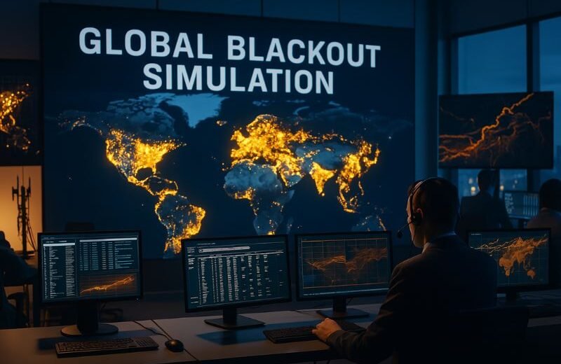Global blackout simulation showing dark control room and inactive power grid monitors