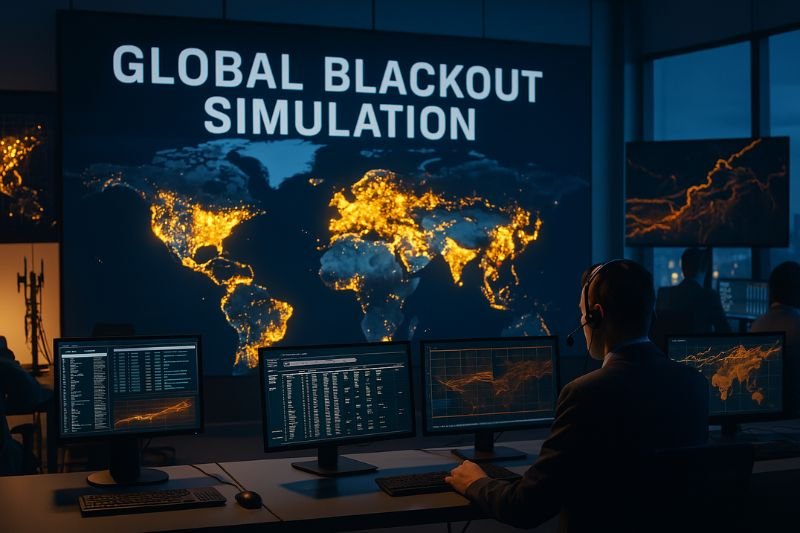 Global blackout simulation showing dark control room and inactive power grid monitors