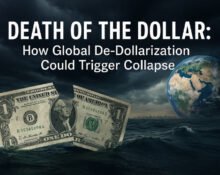 Conceptual image showing a burning US dollar bill symbolizing global de-dollarization and financial collapse