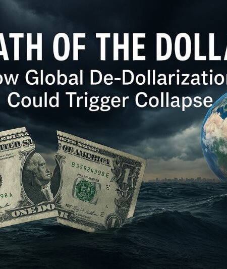 Conceptual image showing a burning US dollar bill symbolizing global de-dollarization and financial collapse