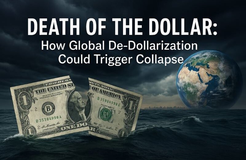 Conceptual image showing a burning US dollar bill symbolizing global de-dollarization and financial collapse