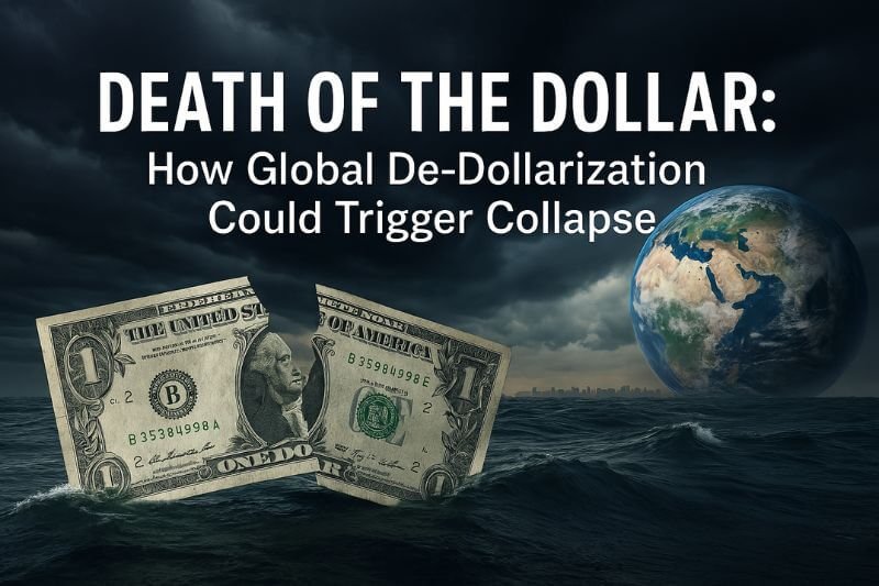 Conceptual image showing a burning US dollar bill symbolizing global de-dollarization and financial collapse