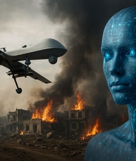 Illustration of AI-controlled weapons and autonomous drones in a futuristic battlefield scenario