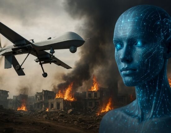 Illustration of AI-controlled weapons and autonomous drones in a futuristic battlefield scenario