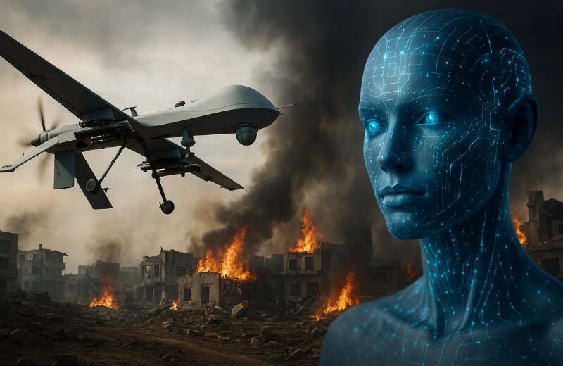 Illustration of AI-controlled weapons and autonomous drones in a futuristic battlefield scenario
