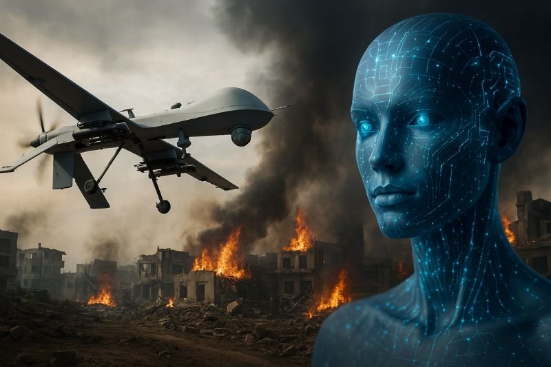 Illustration of AI-controlled weapons and autonomous drones in a futuristic battlefield scenario