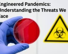Realistic image showing a scientist in protective gear and a secure laboratory, representing the threat of engineered pandemics and bioweapons