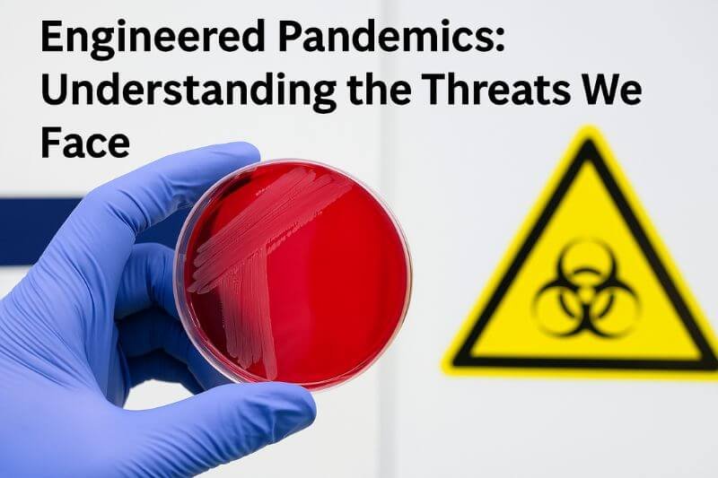 Realistic image showing a scientist in protective gear and a secure laboratory, representing the threat of engineered pandemics and bioweapons