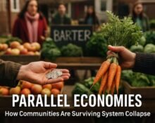 Image showing a bustling parallel market with people bartering food, goods, and services in an off-grid survival economy