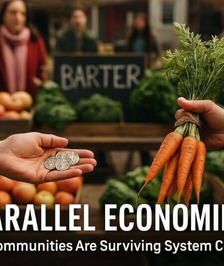 Image showing a bustling parallel market with people bartering food, goods, and services in an off-grid survival economy