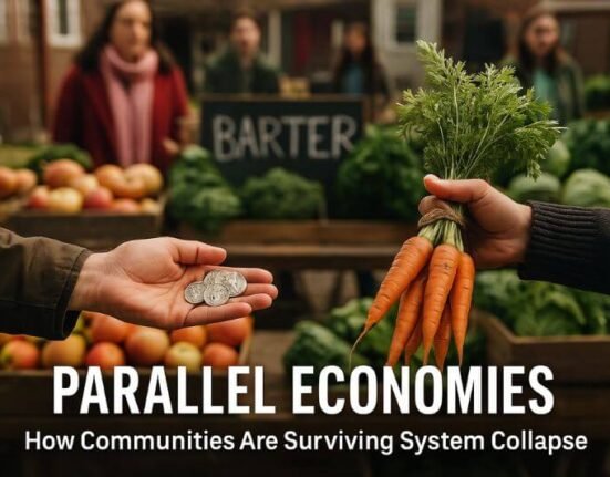 Image showing a bustling parallel market with people bartering food, goods, and services in an off-grid survival economy