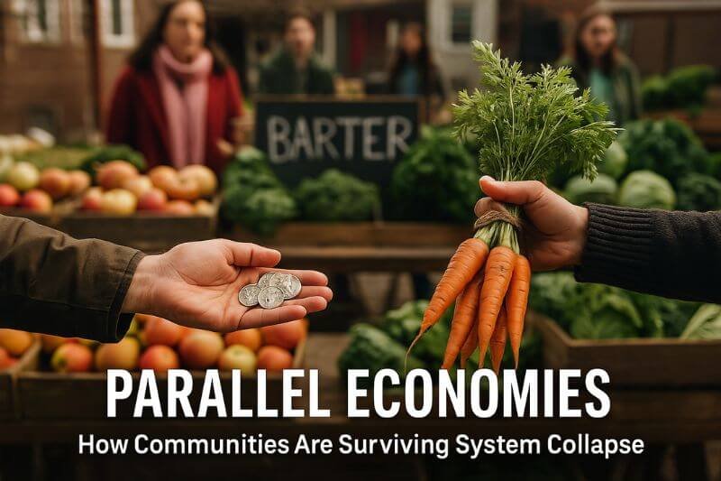 Image showing a bustling parallel market with people bartering food, goods, and services in an off-grid survival economy