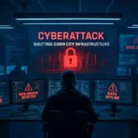 Realistic image showing a modern city in darkness during a cyberattack on infrastructure, highlighting the risks of digital warfare and grid collapse