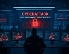 Realistic image showing a modern city in darkness during a cyberattack on infrastructure, highlighting the risks of digital warfare and grid collapse