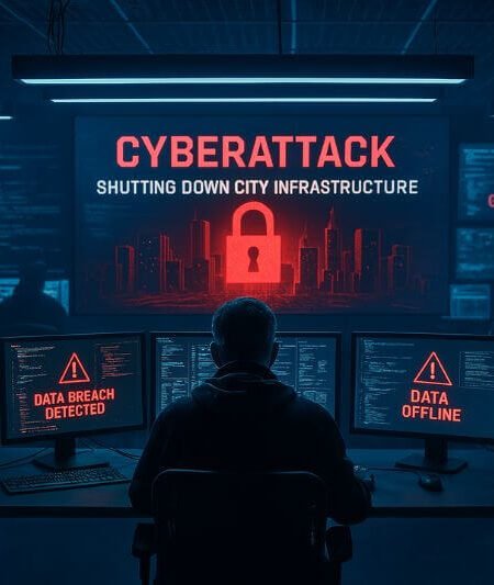 Realistic image showing a modern city in darkness during a cyberattack on infrastructure, highlighting the risks of digital warfare and grid collapse