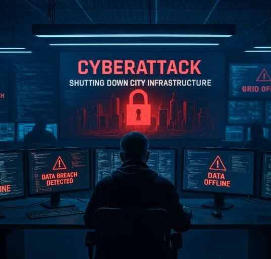 Realistic image showing a modern city in darkness during a cyberattack on infrastructure, highlighting the risks of digital warfare and grid collapse