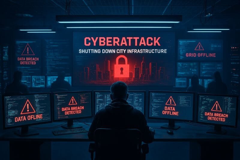 Realistic image showing a modern city in darkness during a cyberattack on infrastructure, highlighting the risks of digital warfare and grid collapse