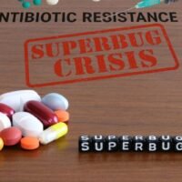 Realistic image showing medical supplies on a wooden surface with bold text "ANTIBIOTIC RESISTANCE", illustrating the superbug crisis.