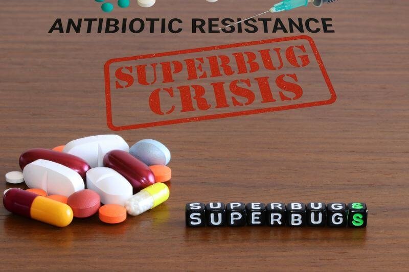 Realistic image showing medical supplies on a wooden surface with bold text "ANTIBIOTIC RESISTANCE", illustrating the superbug crisis.