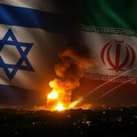 Israel Iran Conflict – Realistic image showing Israeli and Iranian flags against a backdrop of military vehicles and rising smoke, symbolizing the escalating conflict and regional instability